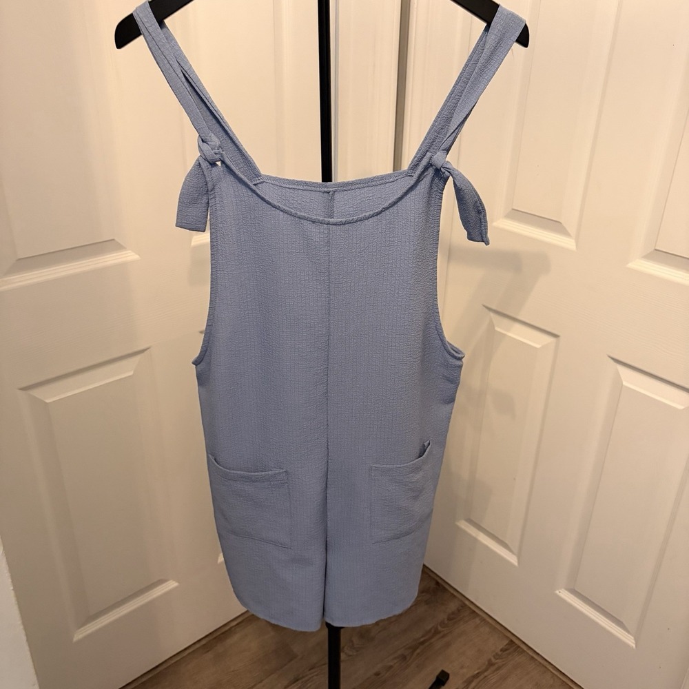 Boutique Blue Textured Tie Shoulder Romper Shorts Med Coastal‎ Goblincore Comfy